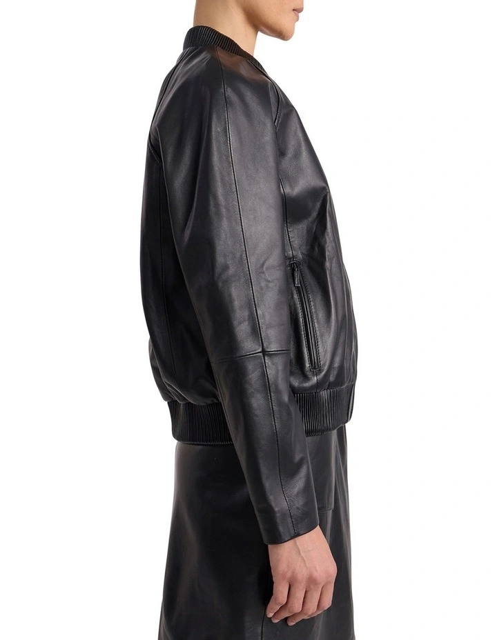 Ellen Leather Bomber Jacket in Black image 5