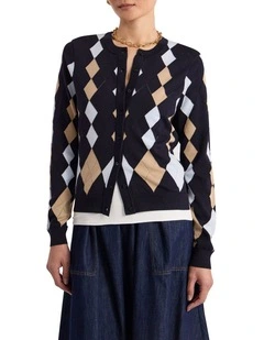 Huntley Cotton Argyle Cardigan in Navy