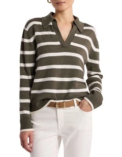 Leece Merino Stripe Polo Knit in Ivory Stripe