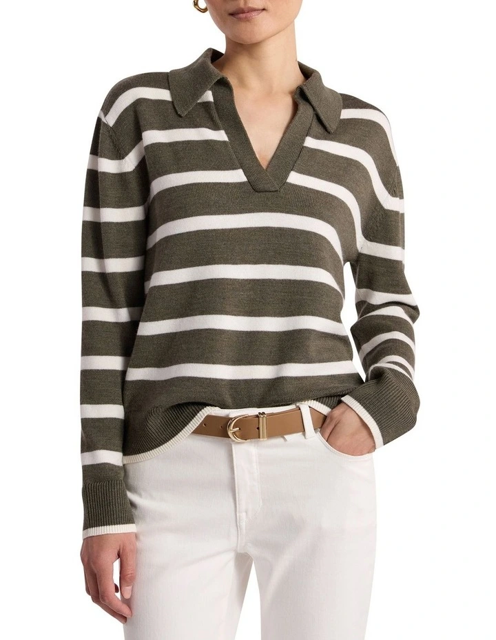 Leece Merino Stripe Polo Knit in Ivory Stripe image 1