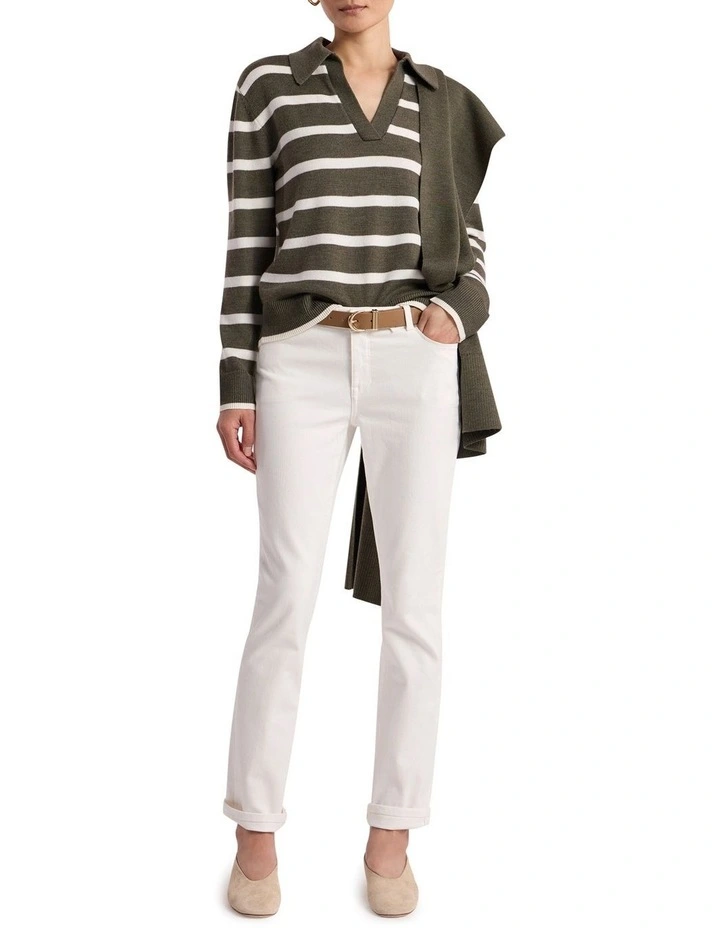 Leece Merino Stripe Polo Knit in Ivory Stripe image 2