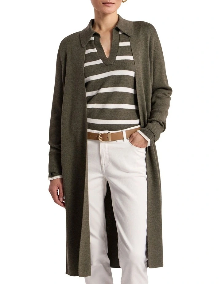 Valence Merino Longline Cardigan in Olio Green image 2