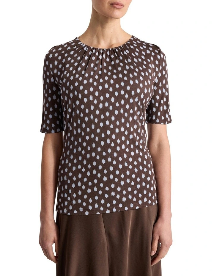 Maika Pleat Front Jersey Top in Brown Multi image 1