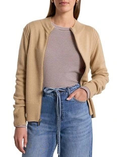Zip Thru Merino Cardigan in Camel