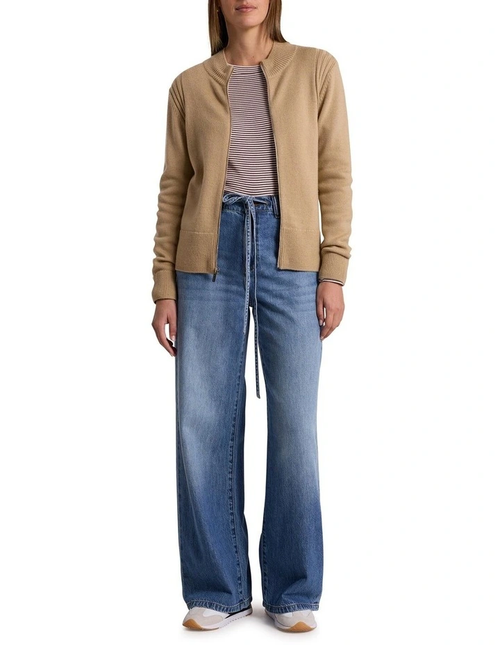 Zip Thru Merino Cardigan in Camel image 2