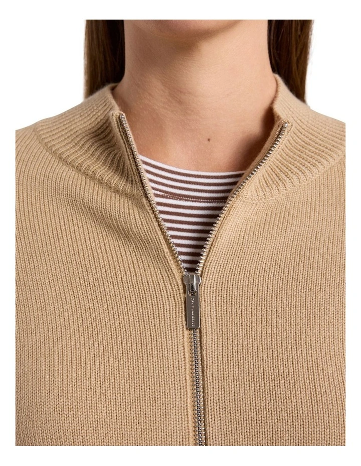 Zip Thru Merino Cardigan in Camel image 3
