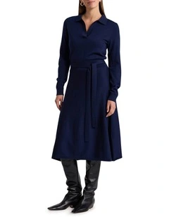 Indira Merino Knit Polo Dress in Navy