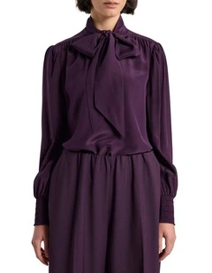 Marlow Pussy Bow Silk Blouse in Eggplant