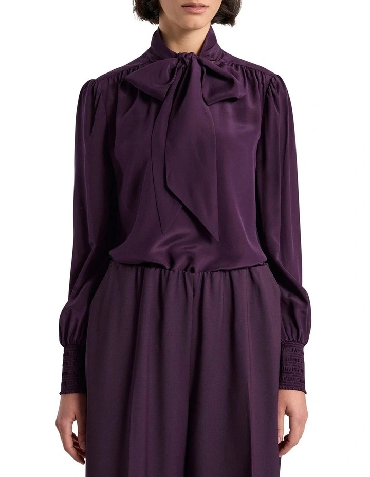 Marlow Pussy Bow Silk Blouse in Eggplant image 1