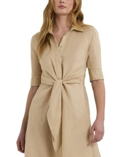 Tie-Front Linen Shirtdress in Beige