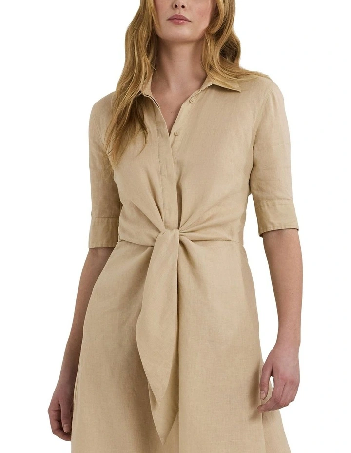 Tie-Front Linen Shirtdress in Beige image 1