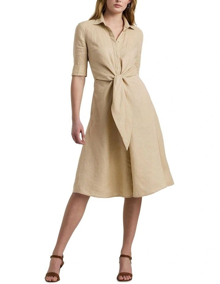 Tie-Front Linen Shirtdress in Beige image 3