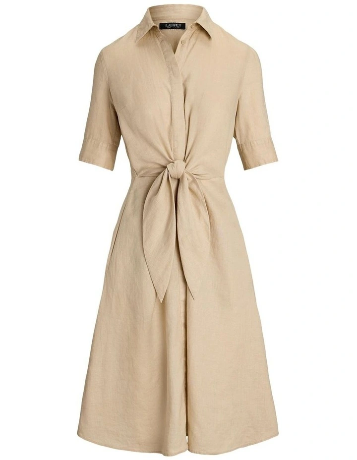Tie-Front Linen Shirtdress in Beige image 4