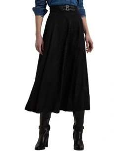 Buckle Trim Twill Midi Skirt in Black