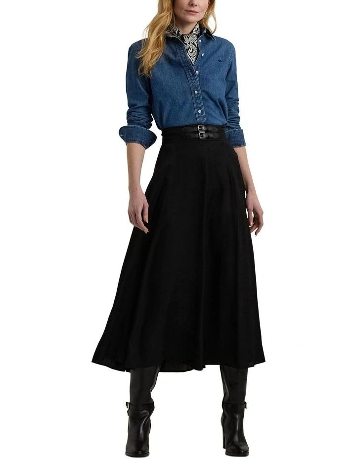 Buckle Trim Twill Midi Skirt in Black image 3