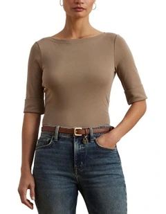 Stretch Cotton Boatneck Tee in Beige