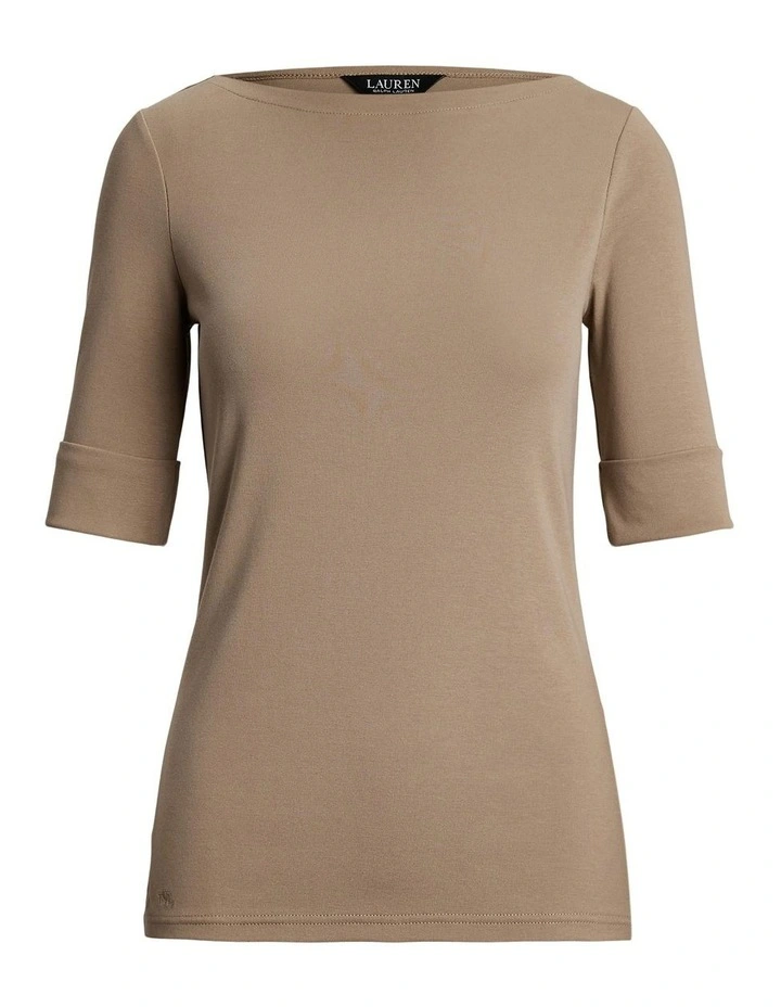Stretch Cotton Boatneck Tee in Beige image 4