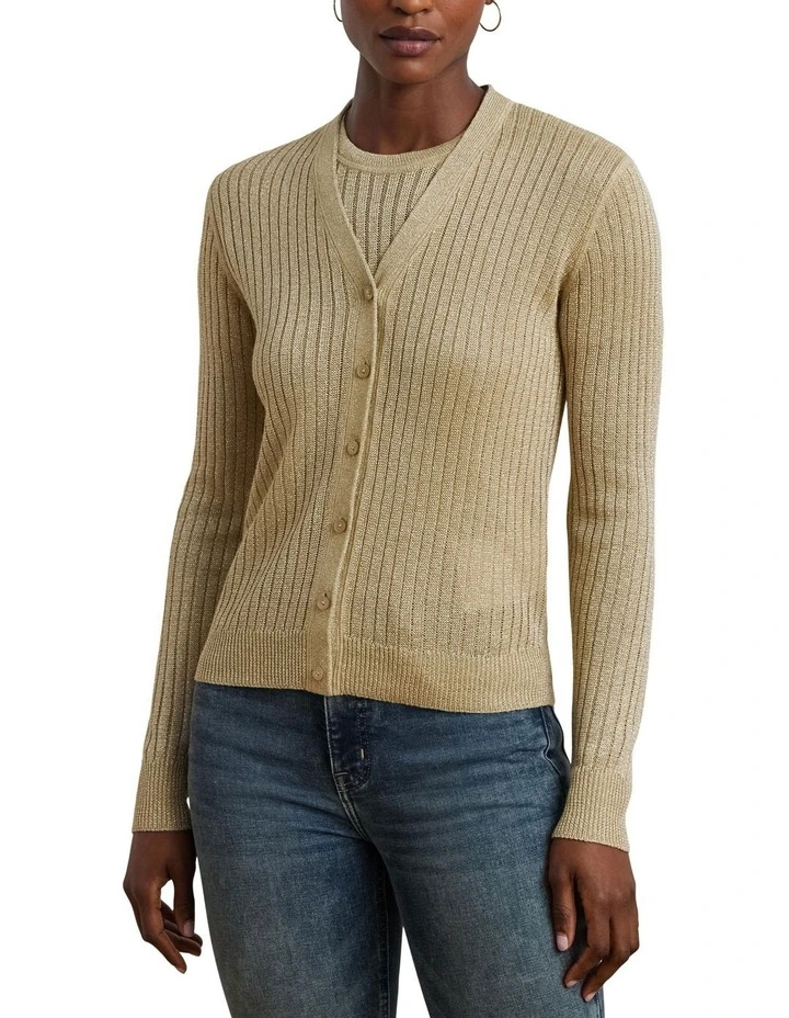 Metallic Linen-Blend Rib-Knit Cardigan image 1