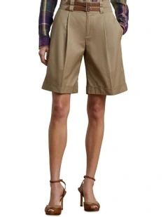 Buckle-Trim Pleated Cotton Twill Short