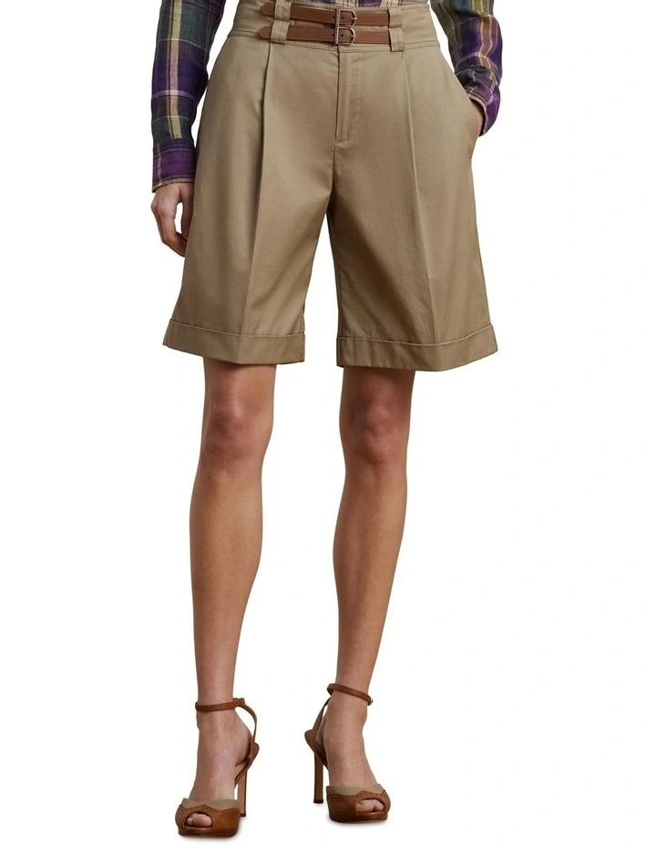 Buckle-Trim Pleated Cotton Twill Short image 1