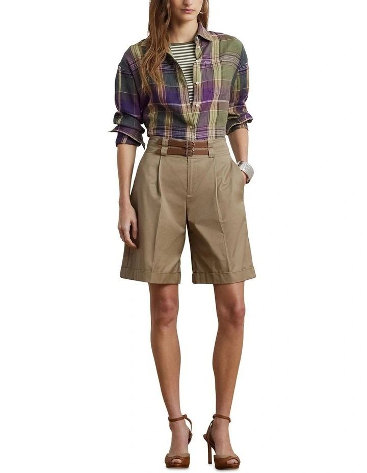 Buckle-Trim Pleated Cotton Twill Short image 3