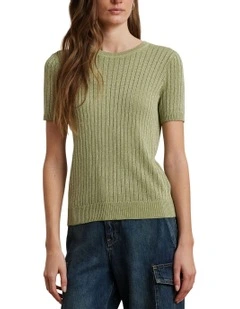 Metallic Rib-Knit Short-Sleeve Sweater
