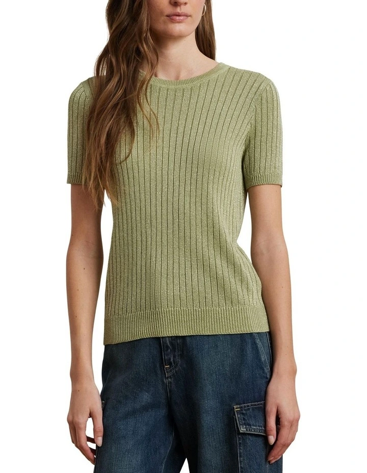 Metallic Rib-Knit Short-Sleeve Sweater image 1