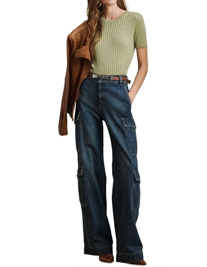 Metallic Rib-Knit Short-Sleeve Sweater image 3