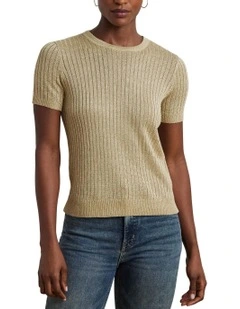Metallic Rib-Knit Short-Sleeve Sweater