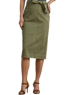 Belted Cotton Twill Pencil Skirt