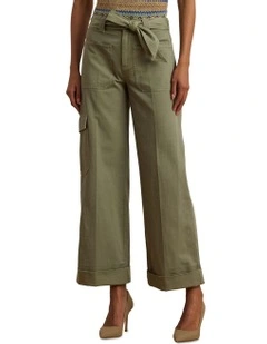Pleated Cotton Twill Wide-Leg Cargo Pant