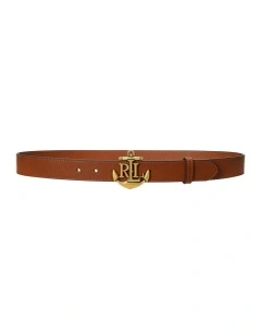 Anchor-Logo Leather Skinny Belt in Brown