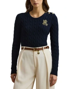 Button-Trim Cable-Knit Cotton Sweater in Blue