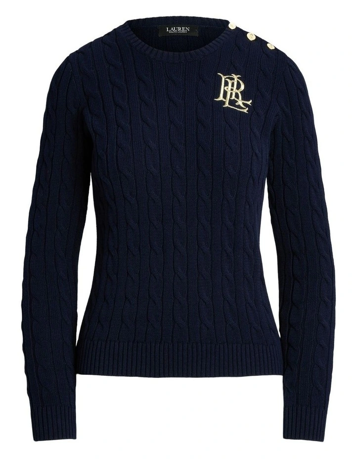Button-Trim Cable-Knit Cotton Sweater in Blue image 4