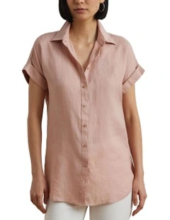 Linen Short-Sleeve Shirt in Pink