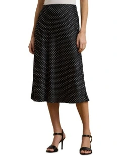 Polka-Dot Satin Charmeuse Midi Skirt in Black