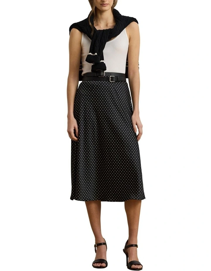 Polka-Dot Satin Charmeuse Midi Skirt in Black image 3