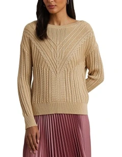 Cable-Knit Cotton-Blend Boatneck Sweater in Beige