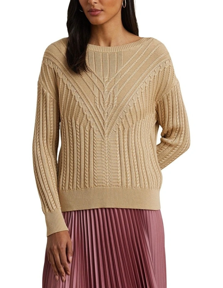 Cable-Knit Cotton-Blend Boatneck Sweater in Beige image 1