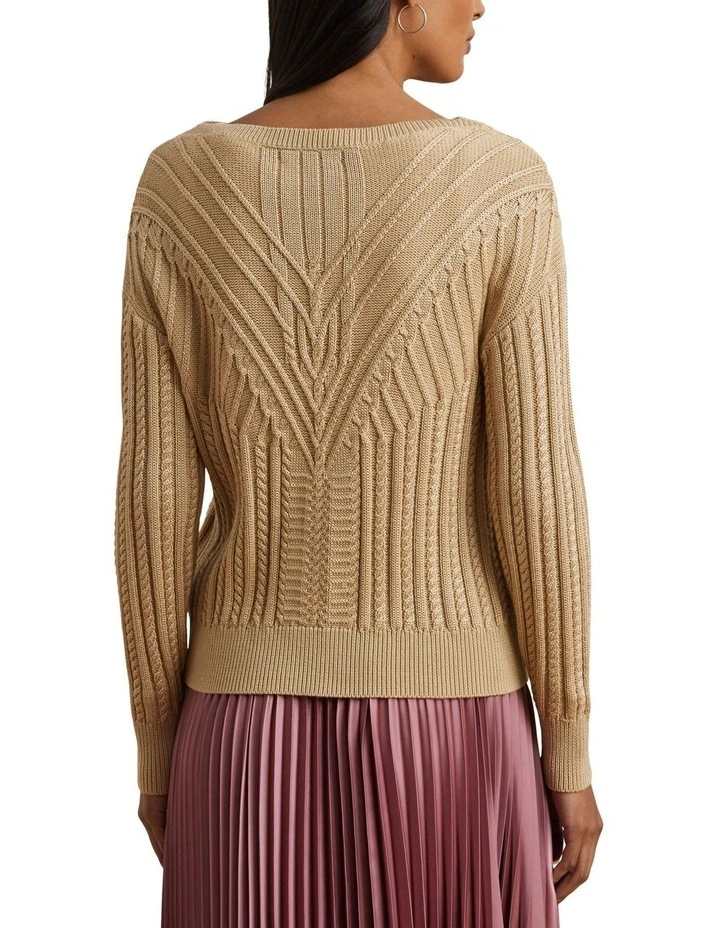 Cable-Knit Cotton-Blend Boatneck Sweater in Beige image 2