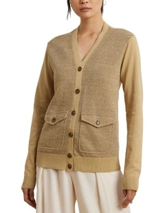 Herringbone & Jersey V-Neck Cardigan in Brown