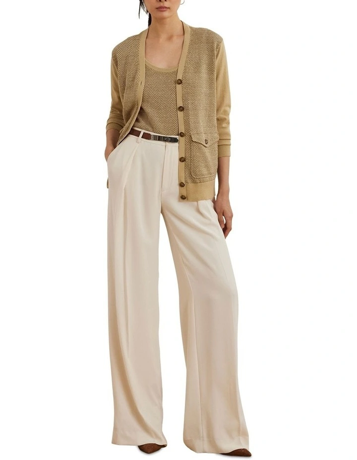 Herringbone & Jersey V-Neck Cardigan in Brown image 3
