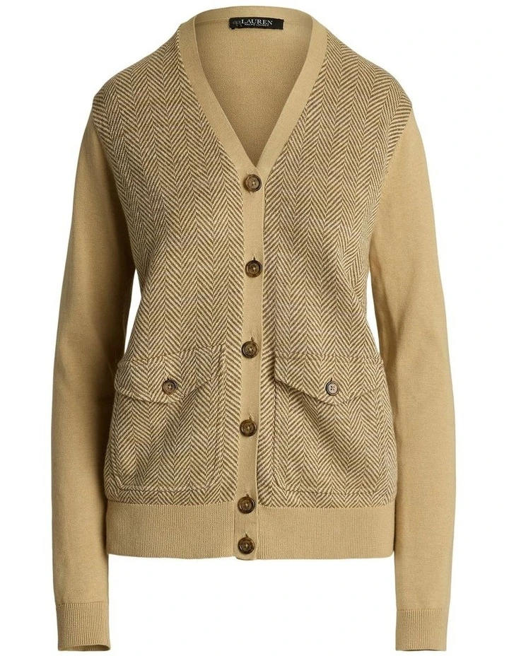 Herringbone & Jersey V-Neck Cardigan in Brown image 4