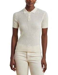 Pointelle-Knit Cotton-Blend Polo Sweater in Beige