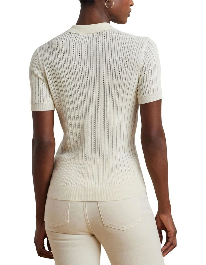 Pointelle-Knit Cotton-Blend Polo Sweater in Beige image 2