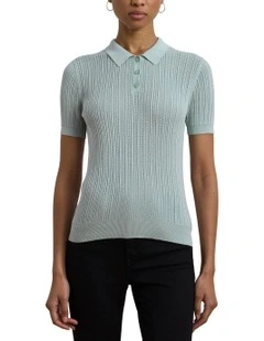 Pointelle-Knit Cotton-Blend Polo Sweater in Blue