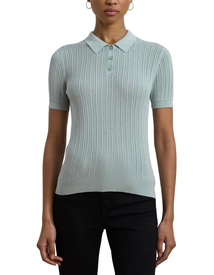 Pointelle-Knit Cotton-Blend Polo Sweater in Blue image 1