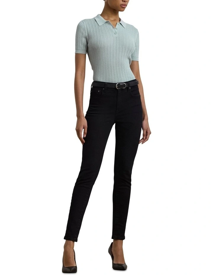 Pointelle-Knit Cotton-Blend Polo Sweater in Blue image 3