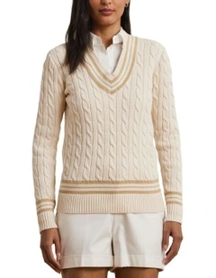 Cable-Knit Cotton Cricket Sweater in Beige