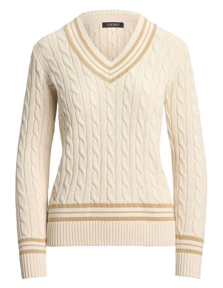 Cable-Knit Cotton Cricket Sweater in Beige image 4